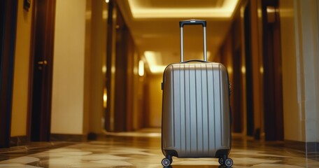 A close-up shot of an elegant suitcase being pulled by the handle, standing in front of a hotel corridor with a light background. 