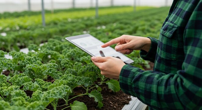 Farmer using tablet in greenhouse monitoring kale crop growth and health