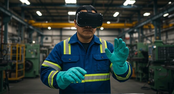 Factory Worker Using Virtual Reality Headset for Industrial Training Simulation