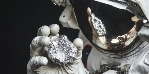 Astronaut hand holding a space sample with reflective visor Generative AI