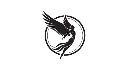 Winged human figure logo in a circle, symbolizing freedom, aspiration, strength, and spiritual or mythical concepts.