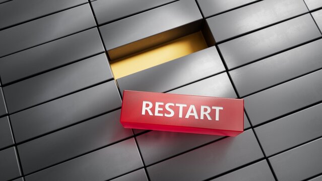 Wooden Blocks with the text: Restart. New business relaunch startup concept.3D rendering on red background.