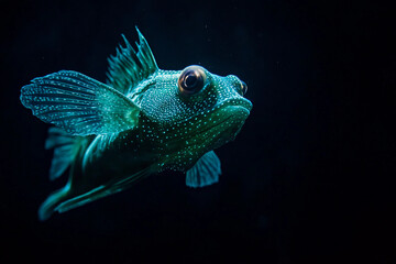 Fototapeta premium Bioluminescent fish illuminating the dark ocean waters Generative AI