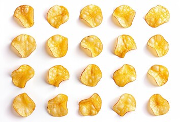 Evenly arranged potato chips on white background. AI generated