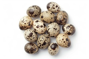 Speckled quail eggs on white background. AI generated