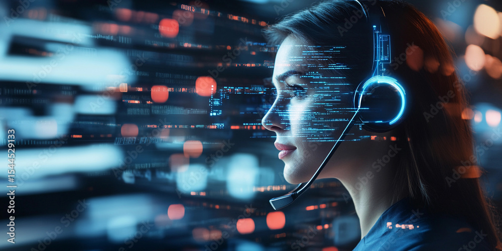 Poster Futuristic woman using advanced technology in urban setting Generative AI