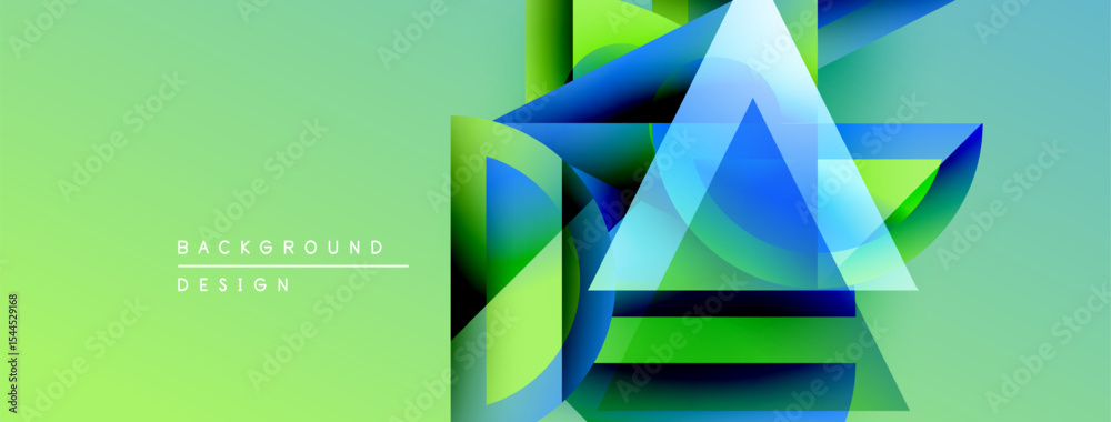 Poster abstract geometric shapes overlap, creating vibrant layered design. green background complements blu