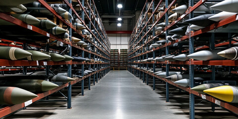 Missiles stored in organized warehouse facility Generative AI