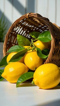 Fresh lemons with leaves in a wicker basket