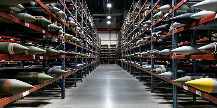 Missiles stored in organized warehouse facility Generative AI