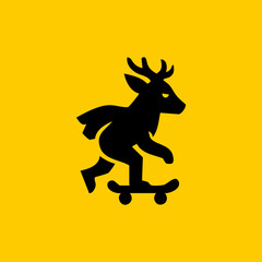 A stylized black deer silhouette skateboarding on a yellow background