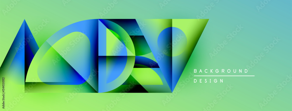Poster abstract geometric shapes overlap, creating vibrant turquoise, green gradients. modern design elemen