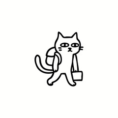 A black-line drawing of a cat wearing a backpack and carrying a small bag