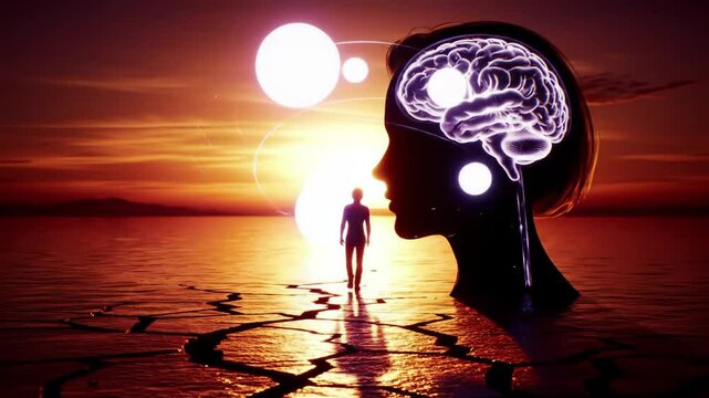 Surreal mindscape with glowing head, animated neural brain, orbs, and figure walking inward