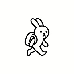 Simple line drawing of a cartoon rabbit carrying a backpack