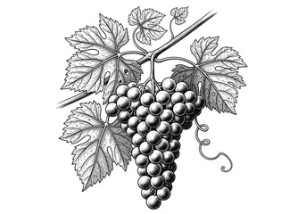 Vintage style botanical illustration of grapes hanging on the vine with detailed leaves in black and white