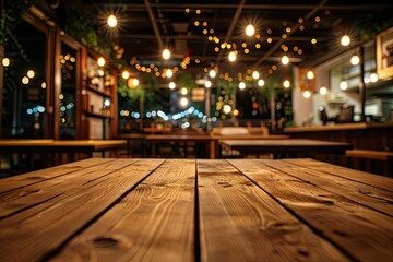 High Definition Image of Wood Table Top with Blur of Lighting in Night Cafe Restaurant