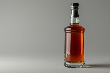Whisky or cognac alcohol glass bottle on table with a dark grey background. Professional photo