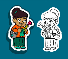 Cartoon Illustration of a Cheerful Cleaning Lady with Cleaning Supplies