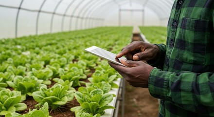 Farmer using tablet in greenhouse with rows of lettuce crops