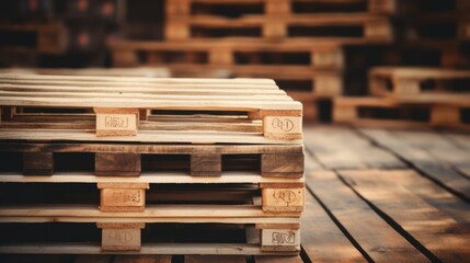 Wooden pallets stacked in dimly lit warehouse. AI generated