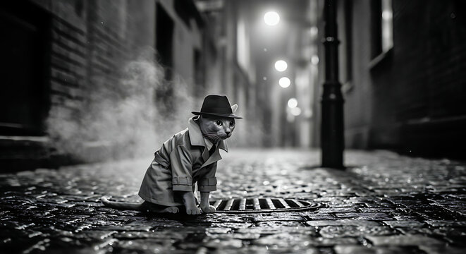 Fototapeta Detective cat in trench coat and fedora hat on a rainy cobblestone street at night, noir style, black and white photography