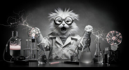 Crazy cat scientist in lab coat performing experiment with plasma balls and beakers, funny monochrome pet in science laboratory setting