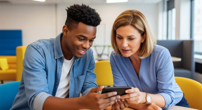 Diverse business professionals engaging with a mobile device, sharing digital content and fostering collaboration in a modern office, highlighting teamwork and contemporary technology use.