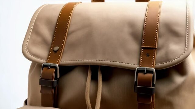 Canvas backpack featuring brown leather straps, buckle closures and drawstring, placed on a plain white background, showcasing travel and style elements
