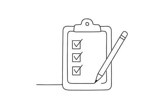 Pencil and checklist clipboard continuous one line drawing minimalism design