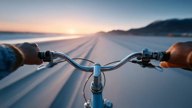 Riding a bicycle on a beach at sunrise offers freedom and adventure concept