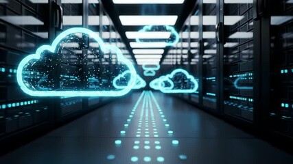 Futuristic server room with glowing cloud icons, animated data flow and LED lights, digital corridor - Powered by Adobe