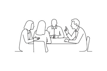 Team discussion around table continuous one line drawing minimalism design
