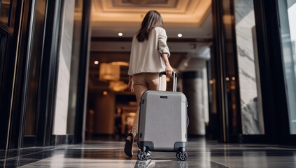 A woman with a white backpack and black jeans is walking in the airport, pulling her luggage behind her. 