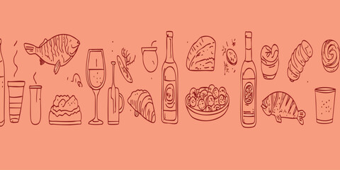 Hand-drawn illustrations of various food and drink items