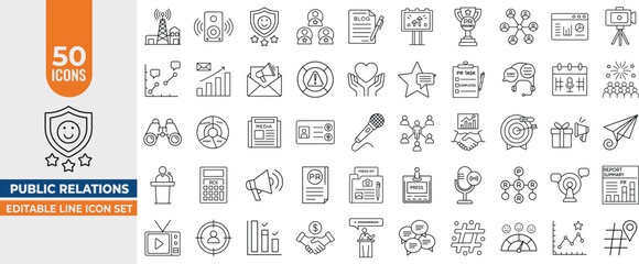 Public Relations Line Icons – Editable Stroke Vector Set for PR, Branding, Media & Corporate Communication. Editable Stroke. Vector illustration