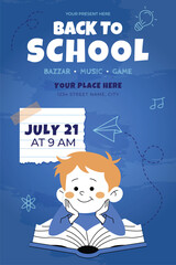 Naklejka premium Back to school sale poster with cute cartoon student, open book, and 80% discount. July promotion template for stores, education, kids, and learning-themed marketing.