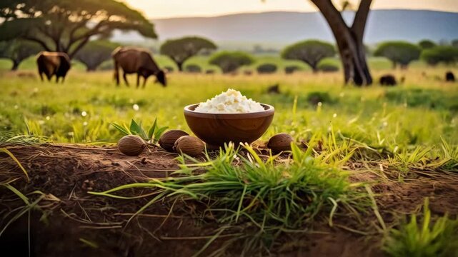 Shea butter in wooden bowl with shea nuts on ground, savanna grassland landscape with grazing animals in background at sunset