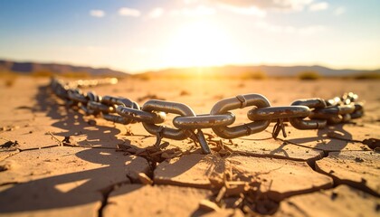 Rusty Broken Chains Scattered on Silent Desert Floor with Warm Light