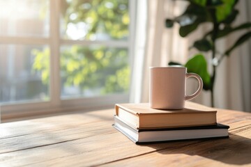 Cozy books and mug by window
