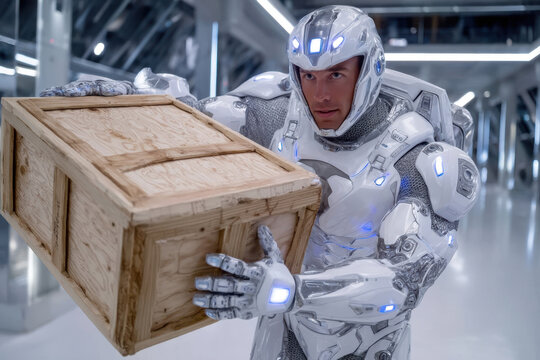 Robot in futuristic armor lifts wooden crate in high-tech facility during daytime