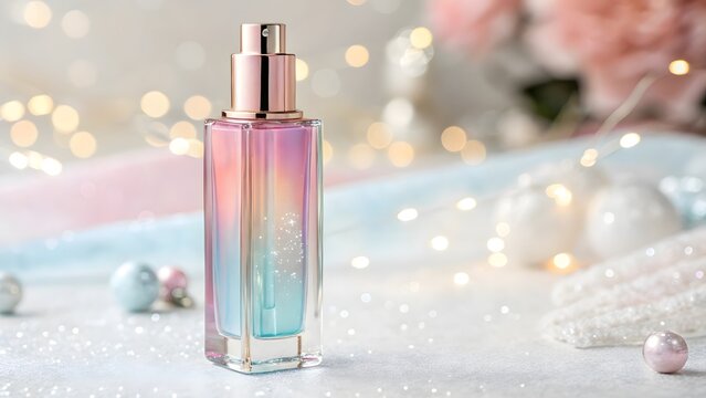 Elegant fragrance bottle with festive sparkling bokeh lights.