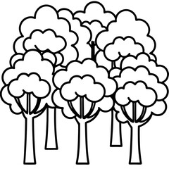 Cluster of Trees with Overlapping Outlines and Varying Heights – Line Art Illustration