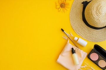 Flat lay composition with beach accessories and makeup on a color background, top view. Sunscreen in a straw hat bag for the summer vacation concept. Copy space. 