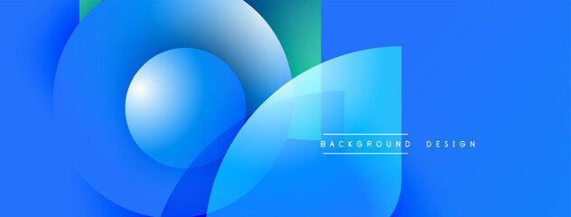 Abstract blue design features overlapping circles, gradients, smooth shapes. Modern aesthetic suitable for banners, backgrounds.