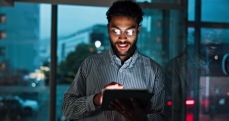 Office, night and happy businessman on tablet with research for finance report, investment and stock market. Corporate, digital tech and person working late for financial planning, review and trading - Powered by Adobe