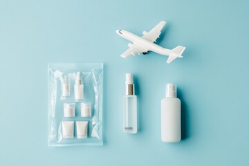 In the middle of an isolated light blue background, there is one small white airplane model flying above two transparent plastic cosmetic bags with different bottles and jars inside.