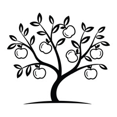 Apple Tree Icon, Vector, Illustration, Outline, Line Art, Silhouette, Logo, White Background.