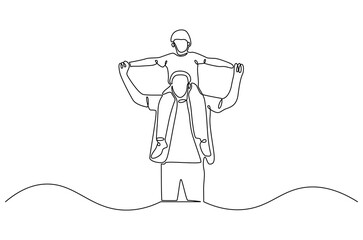 Continuous one line drawing of Father giving son ride on back. Single line drawing illustration of Father with daughter. Happy loving family concept vector art. Doodle line illustration.