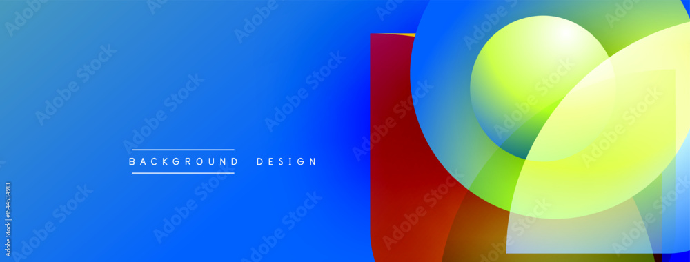 Aufkleber Abstract vibrant design. Blue gradient background features overlapping geometric shapes, red rectangle, green circle, yellow square. Modern aesthetic.